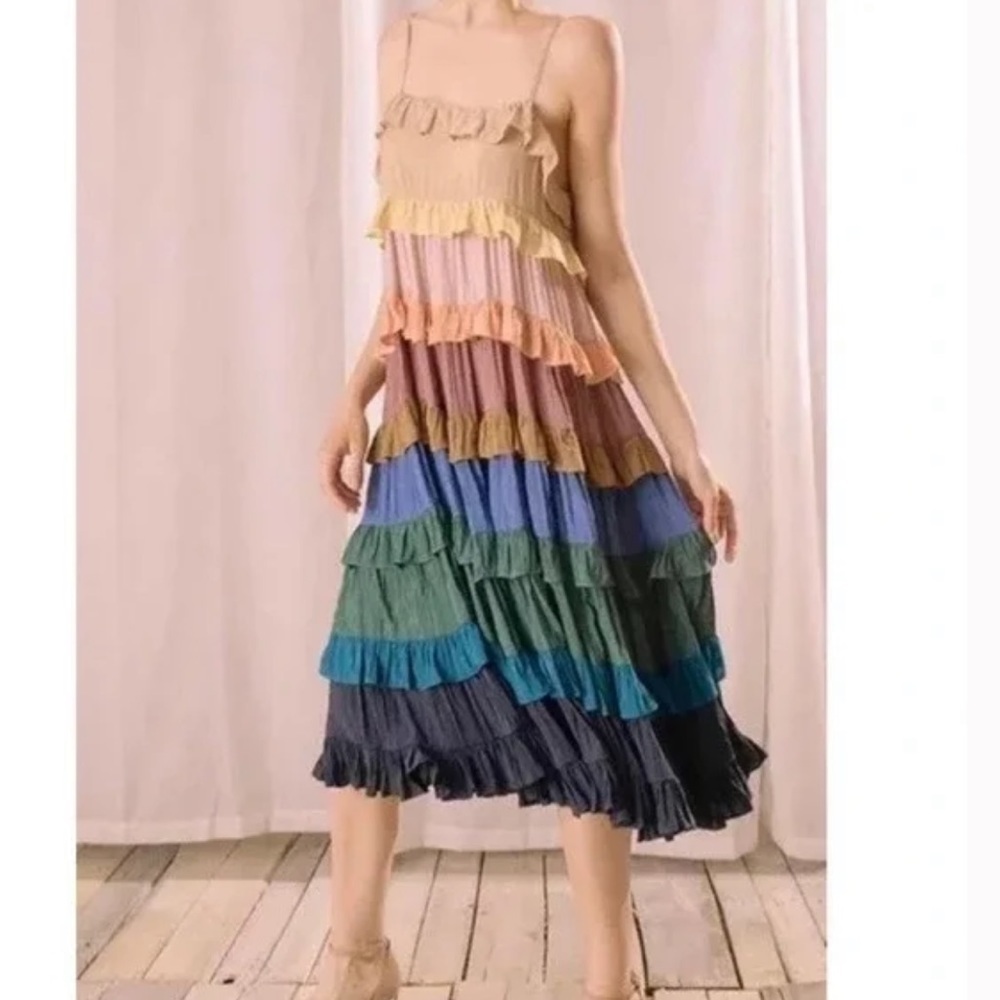 NWT Anthro Storia Women's sz S Isabella Sofia Tiered Boho multi color midi dress